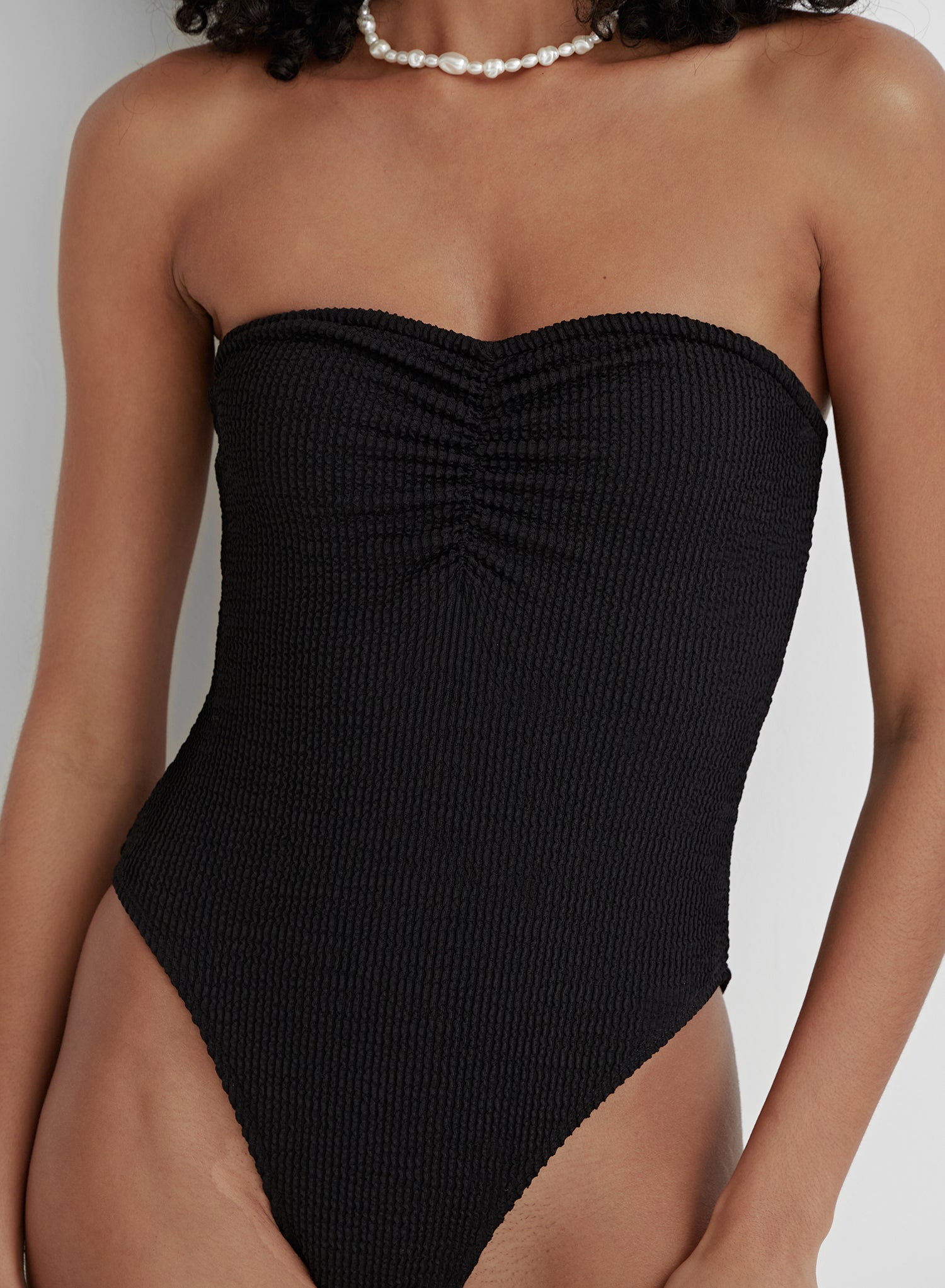 Black Crinkle Ruched Front Bandeau Swimsuit